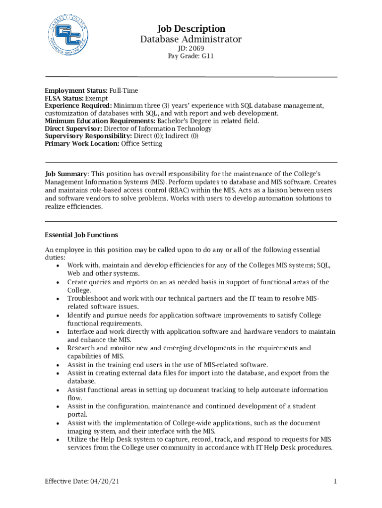 Fillable online database administrator job description template fax