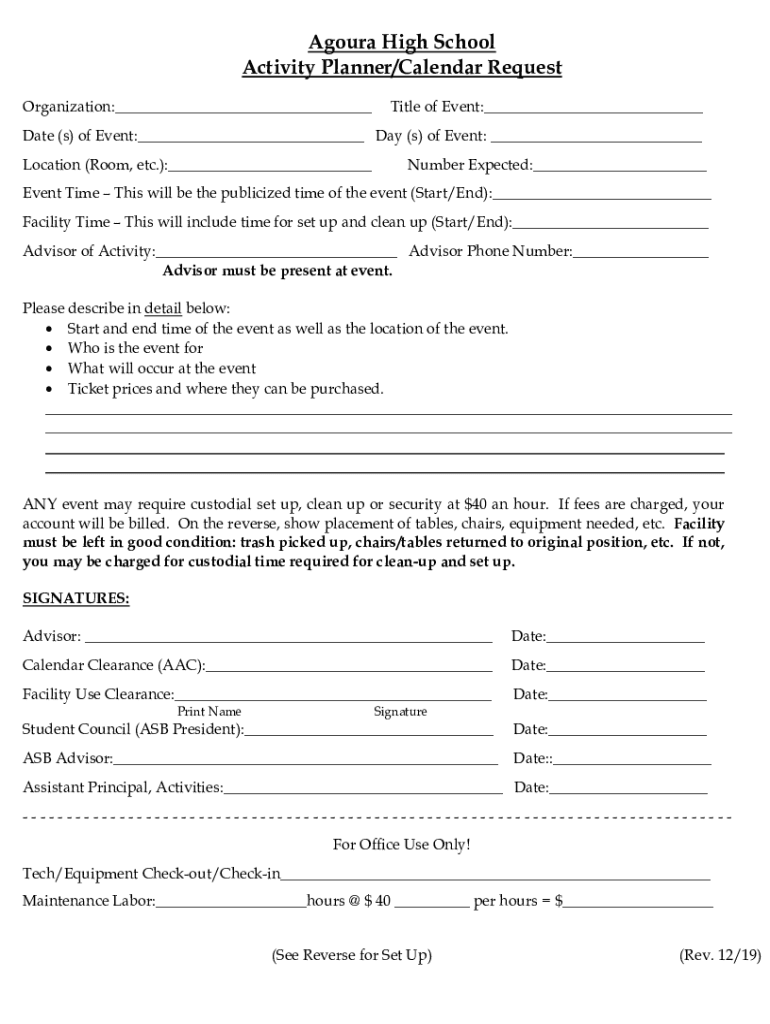Fillable Online Agoura High School Activity Planner/Calendar Request