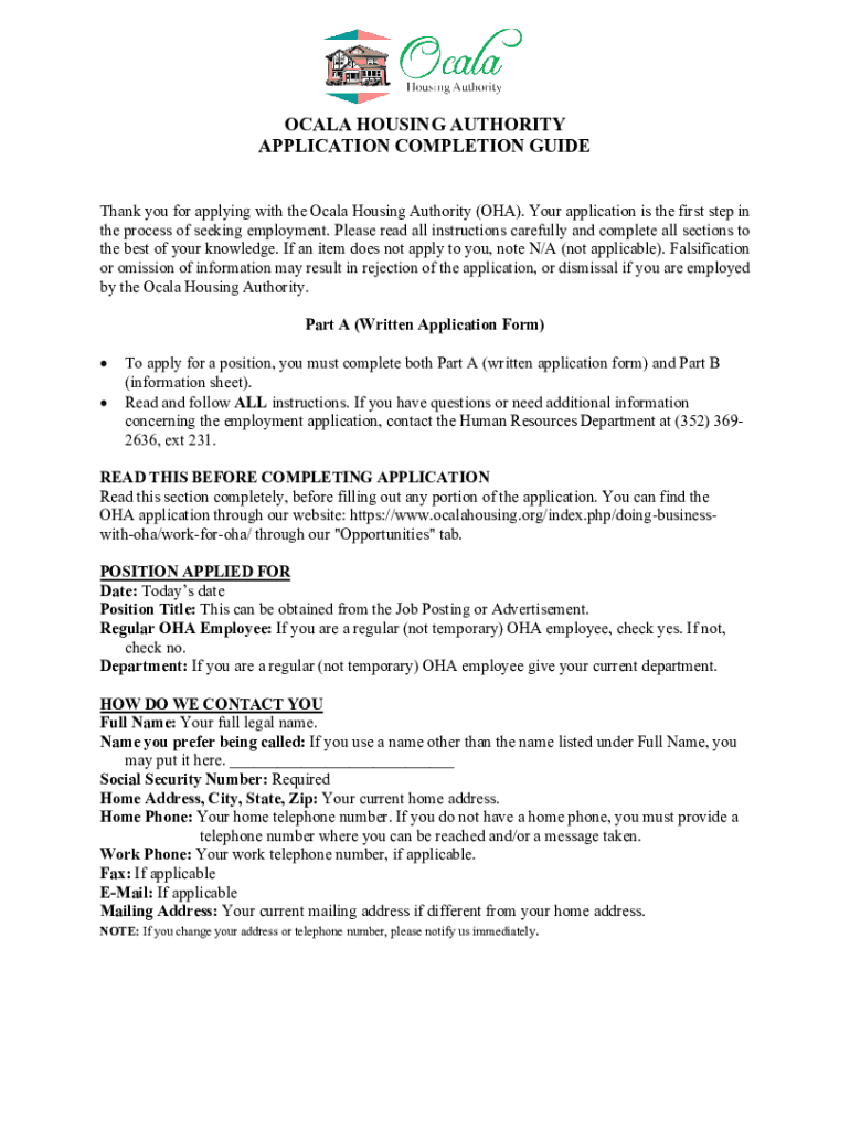 Fillable Online ocala housing authority application completion guide