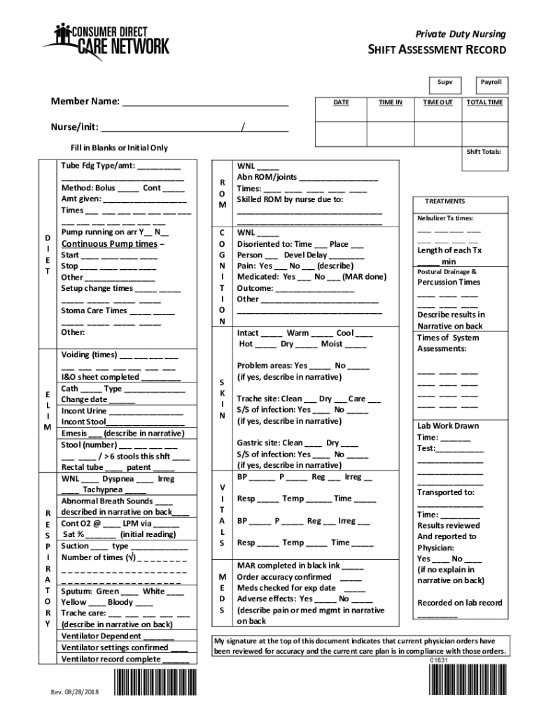 Fillable Online SHIFT ASSESSMENT RECORD Fax Email Print pdfFiller