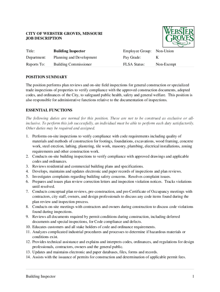 Fillable Online Building Inspector 1 CITY OF WEBSTER GROVES, MISSOURI