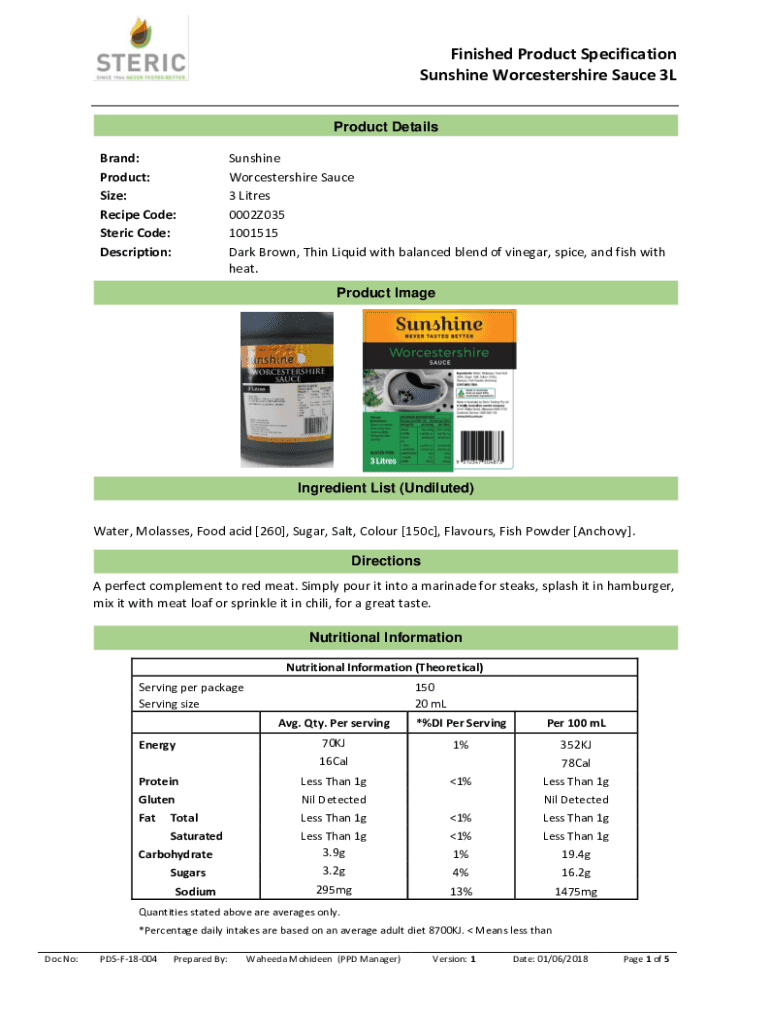 Fillable Online Finished Product Specification Sunshine Worcestershire Fax Email Print