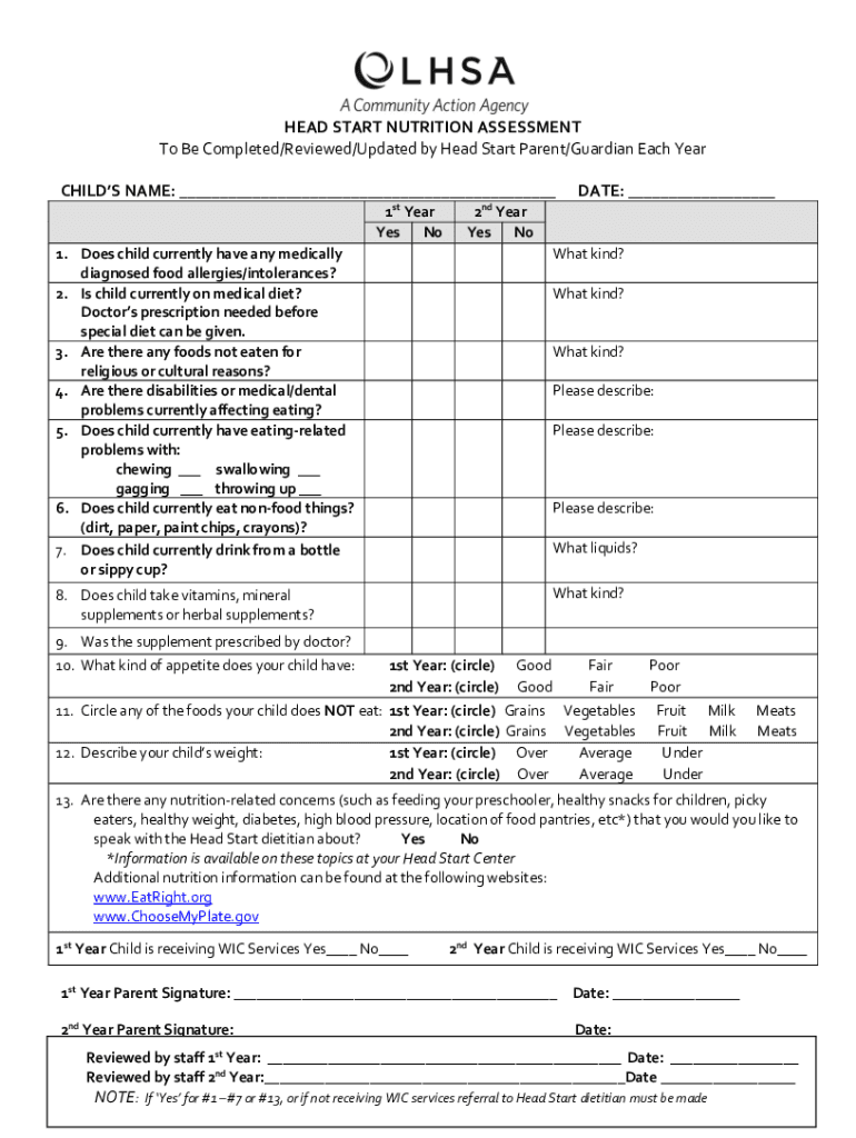 Fillable Online Head Start Nutrition Screening Form Fax Email Print