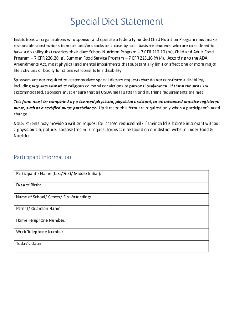 Fillable Online SPECIAL DIETARY NEEDS Please find the forms for Fax