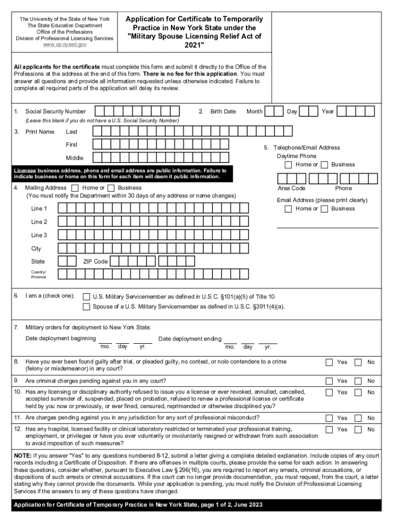 Fillable Online Application for Certificate to Temporarily Practice in New York State under the