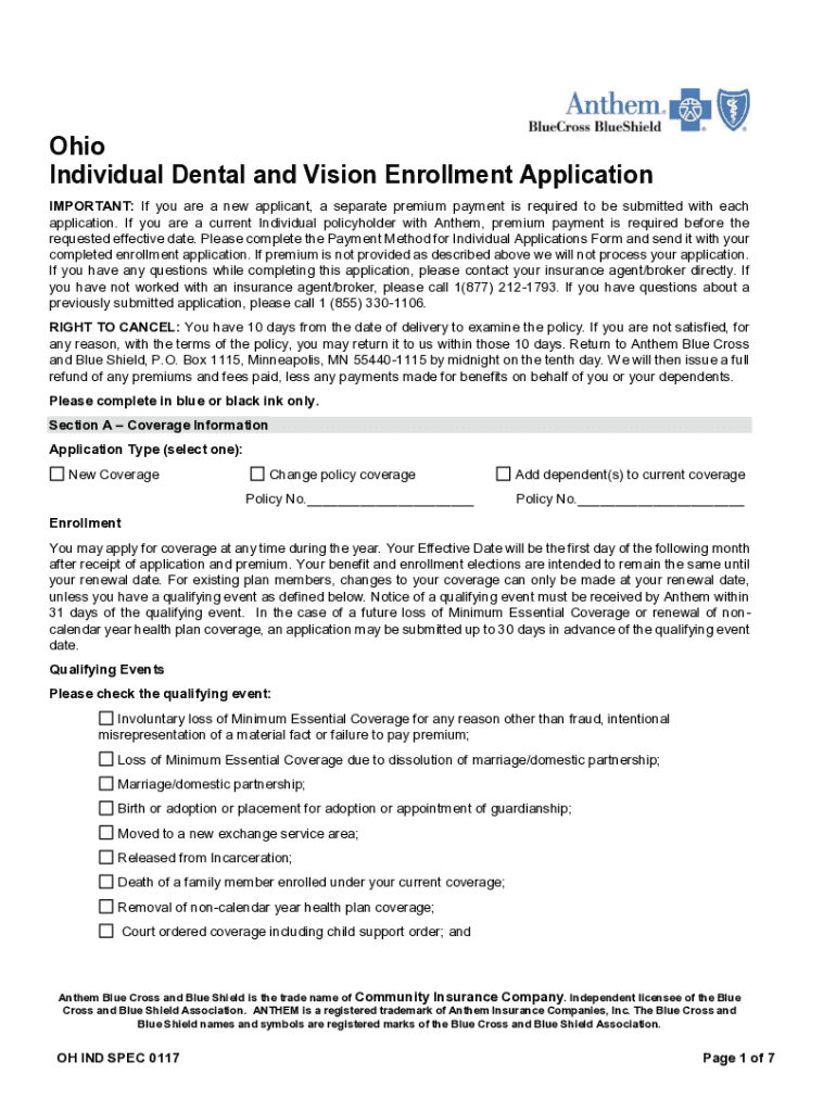 Fillable Online OFFHIXOHDENT2017SET. Ohio Individual Dental and Vision Enrollment Application