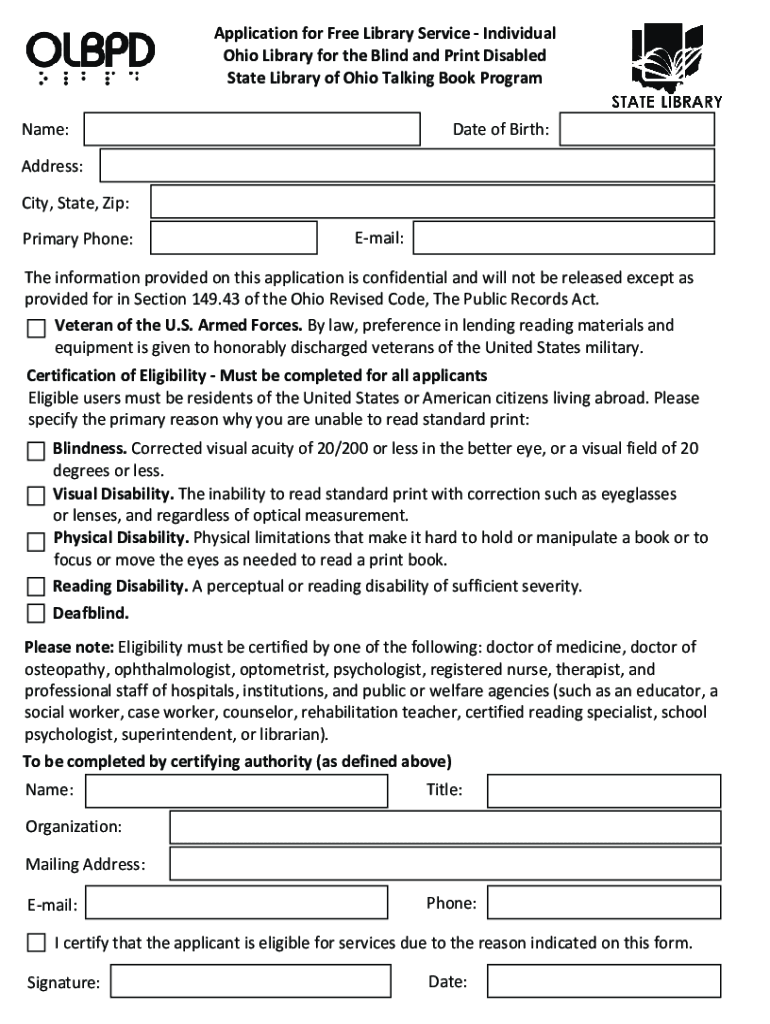 Fillable Online Application for Free Library Service Individuals