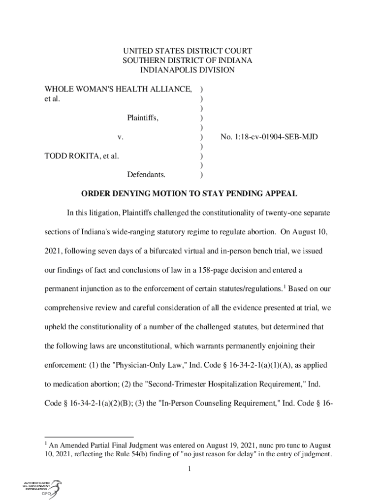 Fillable Online WHOLE WOMAN'S HEALTH ALLIANCE et al v. ROKITA et al Fax