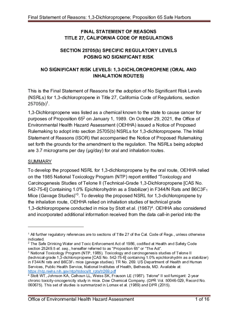 Fillable Online oehha ca Final Statement of Reasons, Title 27