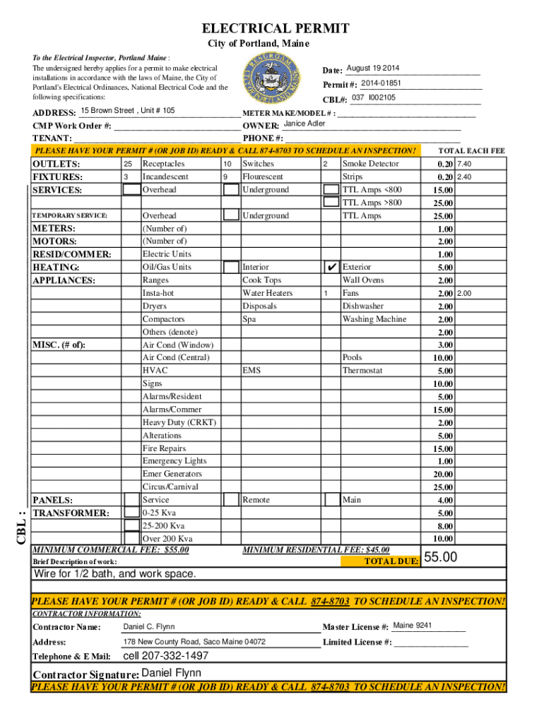 Fillable Online ELECTRICAL PERMIT City of Portland Parcels Database