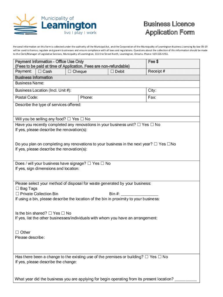 Fillable Online Business Licence Application Form with Payment Fax