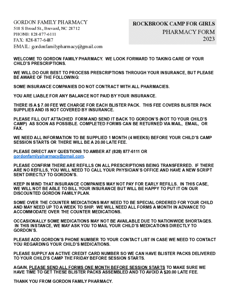 Fillable Online Gordon Family Pharmacy 518 S BROAD ST, Brevard NC