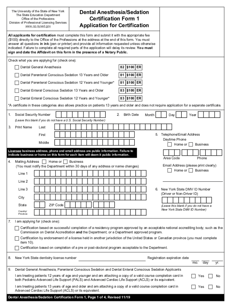 Fillable Online Dental Anesthesia/Sedation Certification Form 1 Fax
