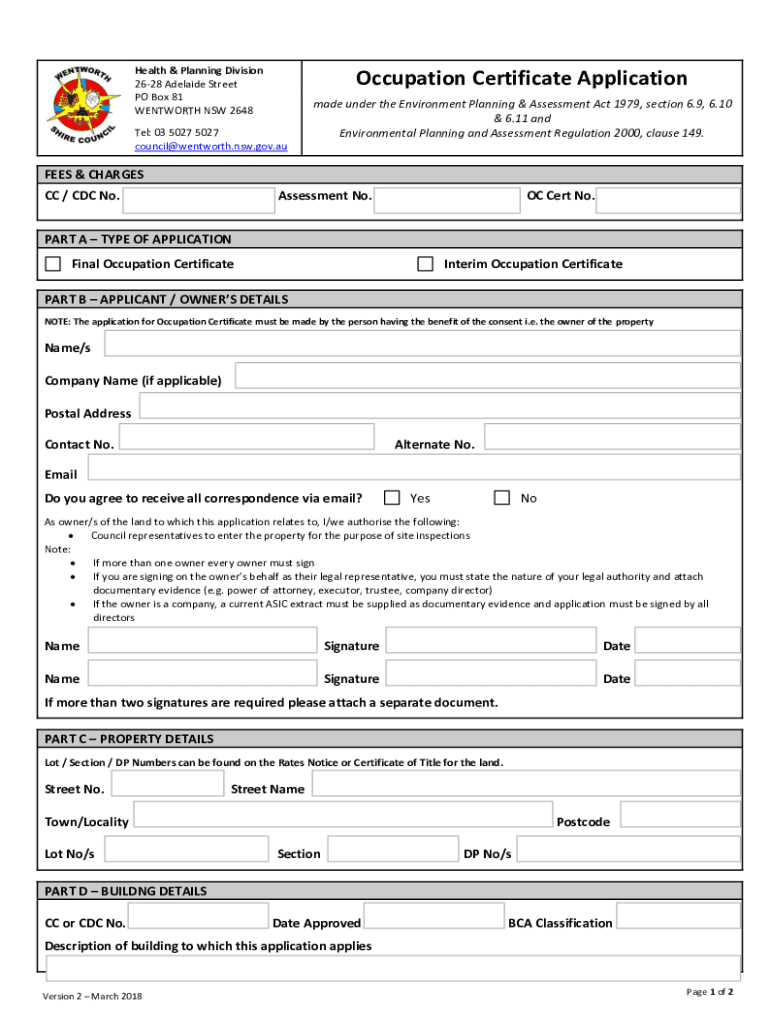 Fillable Online Occupation Certificate ApplicationWentworth Shire Council Fax Email Print
