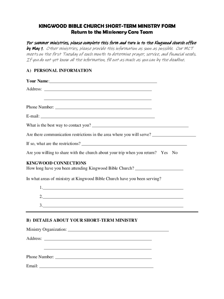Fillable Online Kingwood Bible Church ShortTerm Ministry Form Fax
