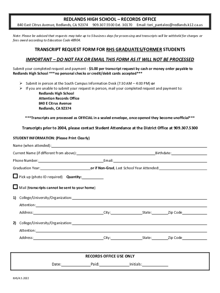 Fillable Online RECORDS OFFICE TRANSCRIPT REQUEST FORM FOR ... Fax ...
