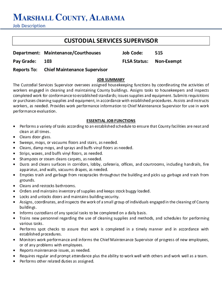 Fillable Online Maintenance Supervisor Job Description +2023 TEMPLATE