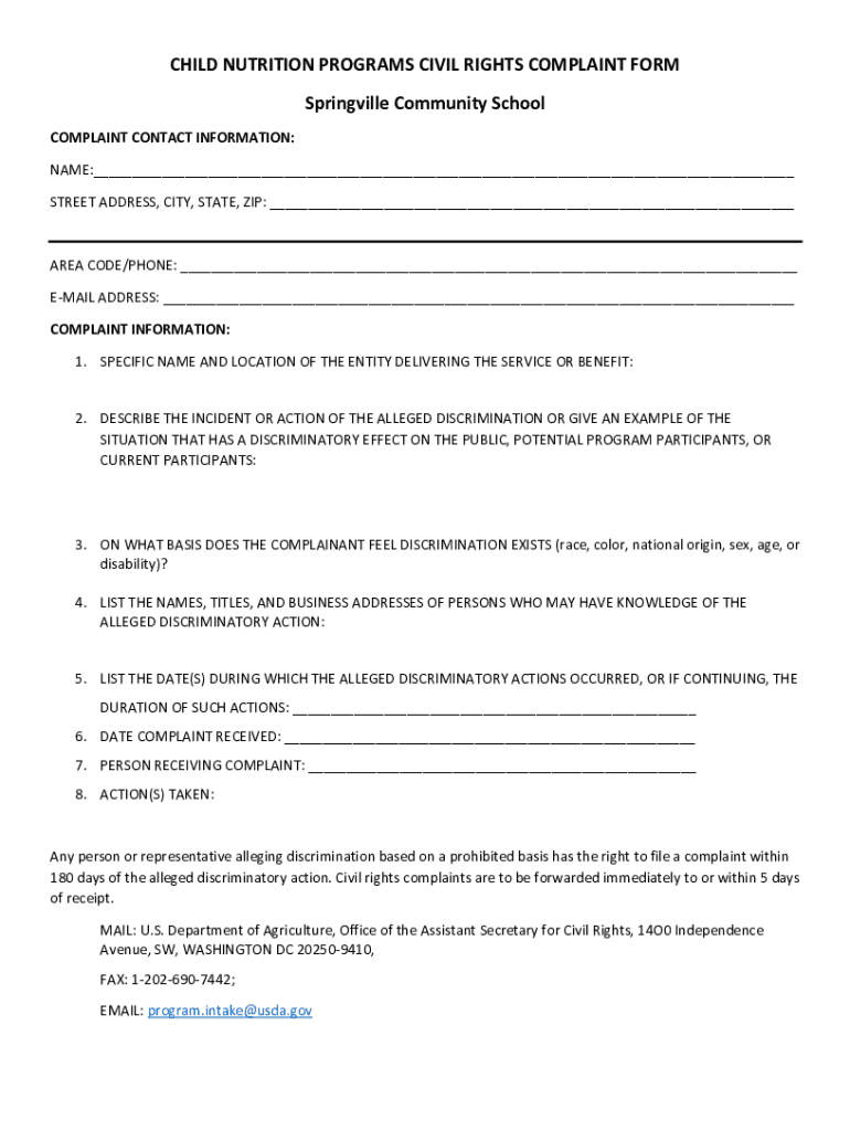 Fillable Online springville k12 ia Civil Rights Complaint Form Child Nutrition Programs Fax