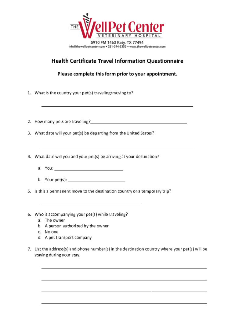 Fillable Online Health Certificate Travel Info Questionnaire.docx Fax