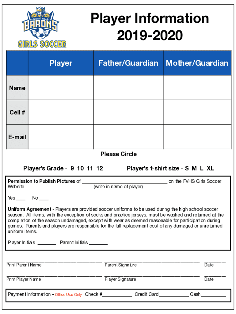 Fillable Online FVHS Girls Soccer Player Information Form Fax Email