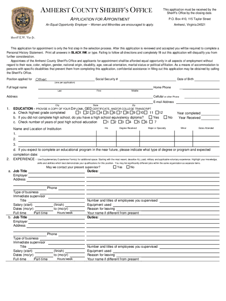 Fillable Online Amherst County Sheriff's Office Deputy Sheriff Job