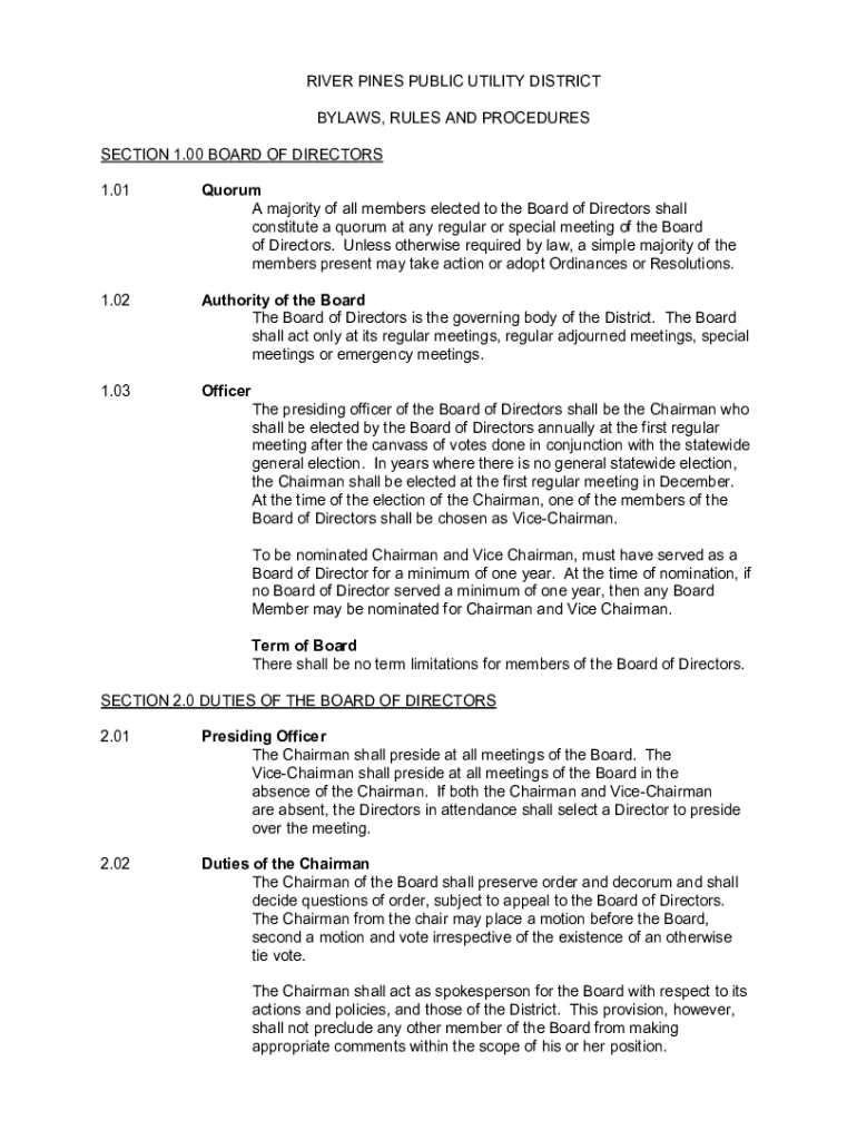 Fillable Online RIVER PINES PUBLIC UTILITY DISTRICT BYLAWS, Fax Email Print pdfFiller