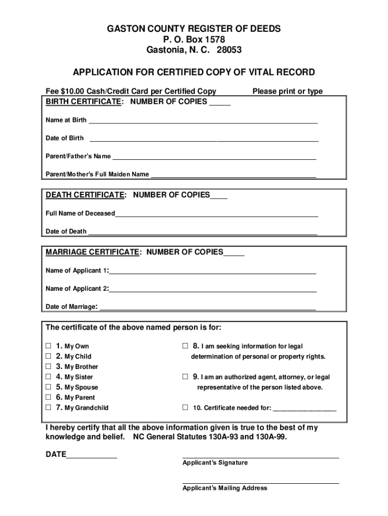 Fillable Online GASTON COUNTY REGISTER OF DEEDS PO Box 1578 Gastonia