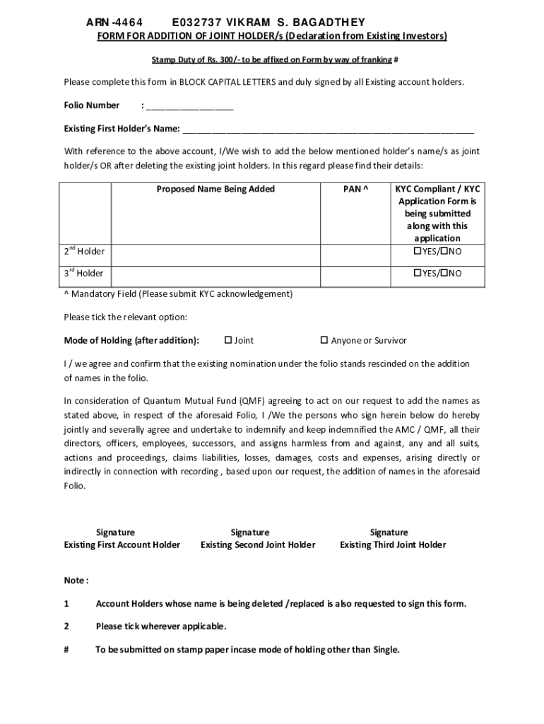Fillable Online FORM FOR ADDITION OF JOINT HOLDER/s (Declaration