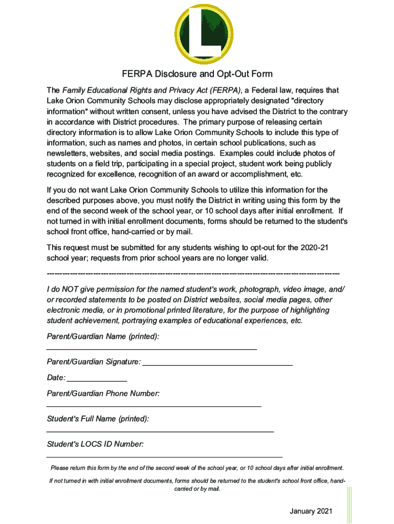 Fillable Online FERPA Disclosure and OptOut Form Fax Email Print