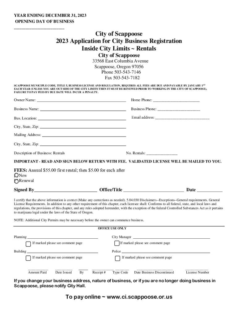 Fillable Online City of Scappoose 2023 Application for City Business Fax Email Print pdfFiller