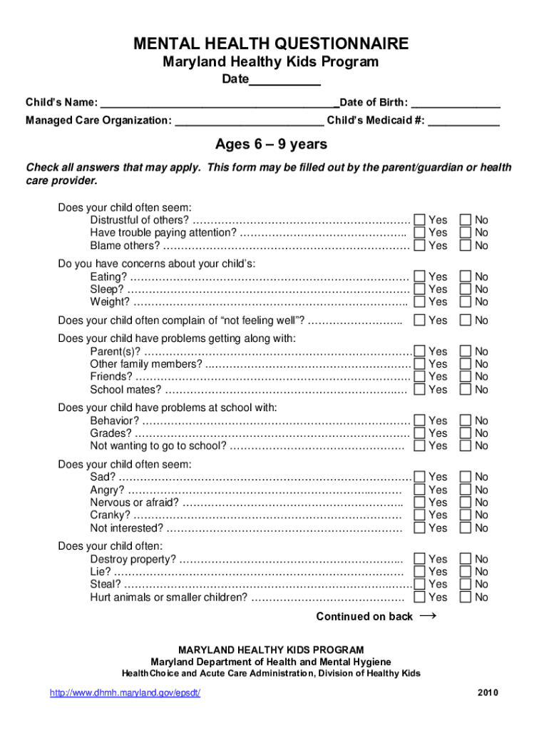 Fillable Online Ages 6-9 Mental Health Form.pdf Fax Email Print - pdfFiller