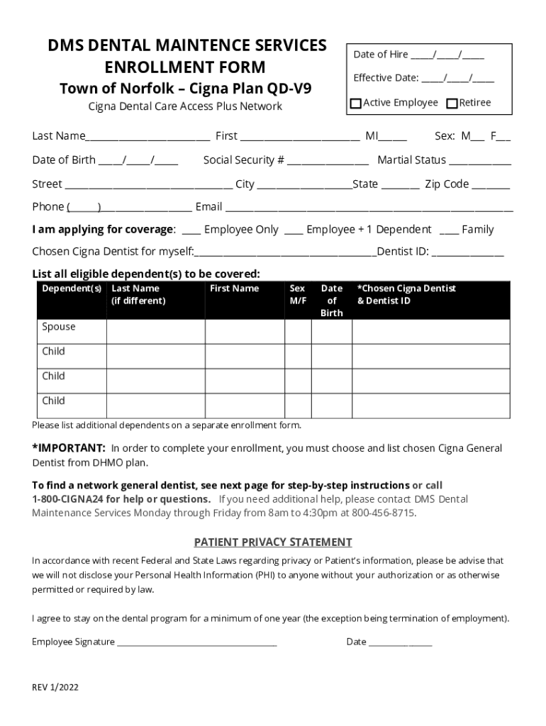 Fillable Online CIGNA Dental Enrollment/Change Form Fax Email Print