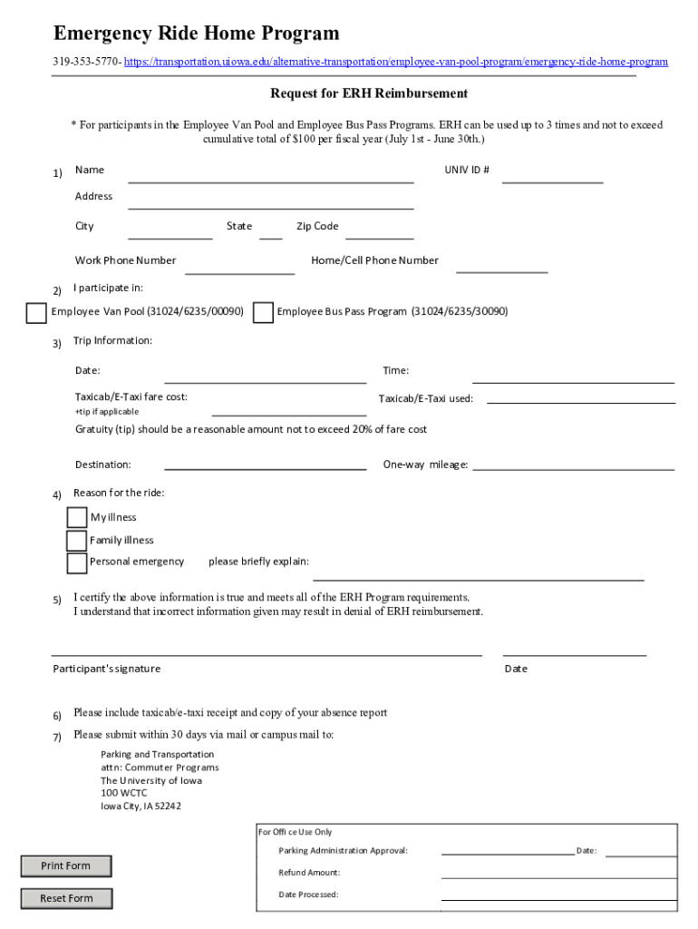 Fillable Online transportation uiowa Emergency Ride Home ProgramParking