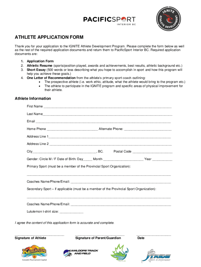 Fillable Online Thank you for your application to the IGNITE Athlete