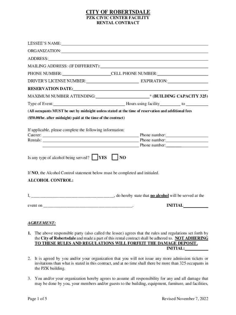 Fillable Online Fillable Online robertsdale Pzk civic center complex