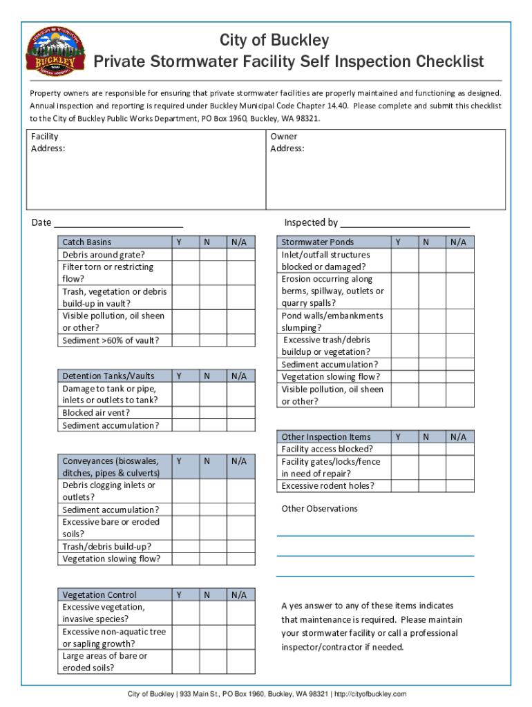 Fillable Online City of Buckley Private Stormwater Facility Self Inspection Fax Email Print