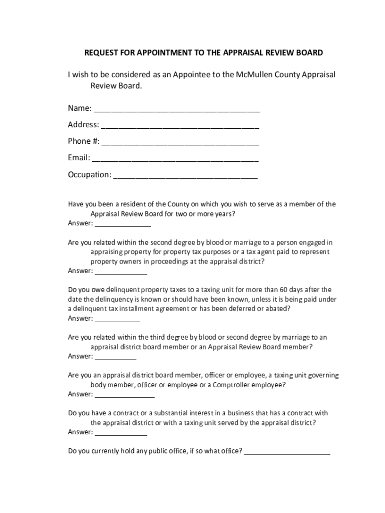 Fillable Online Application for Appraisal Review Board Appointment Fax