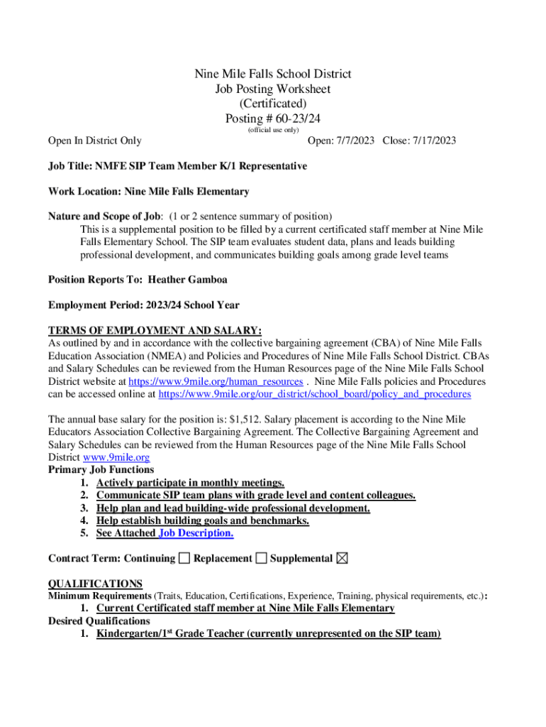 Fillable Online Nine Mile Falls School District Job Posting Worksheet