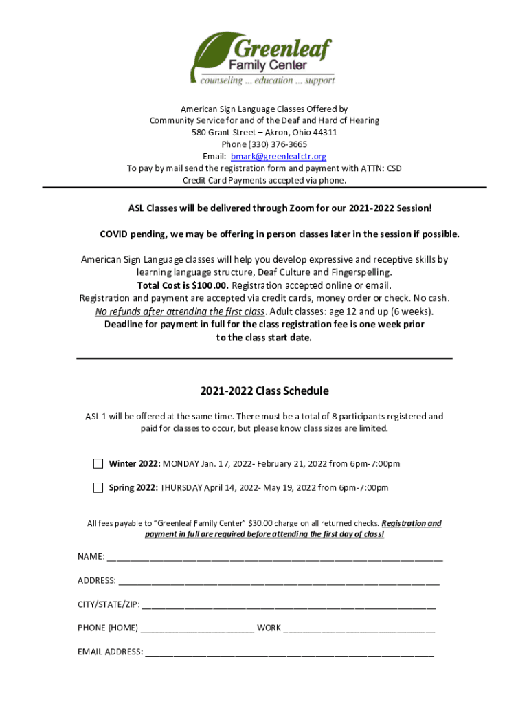 Fillable Online American Sign Language Classes Offered by Fax Email