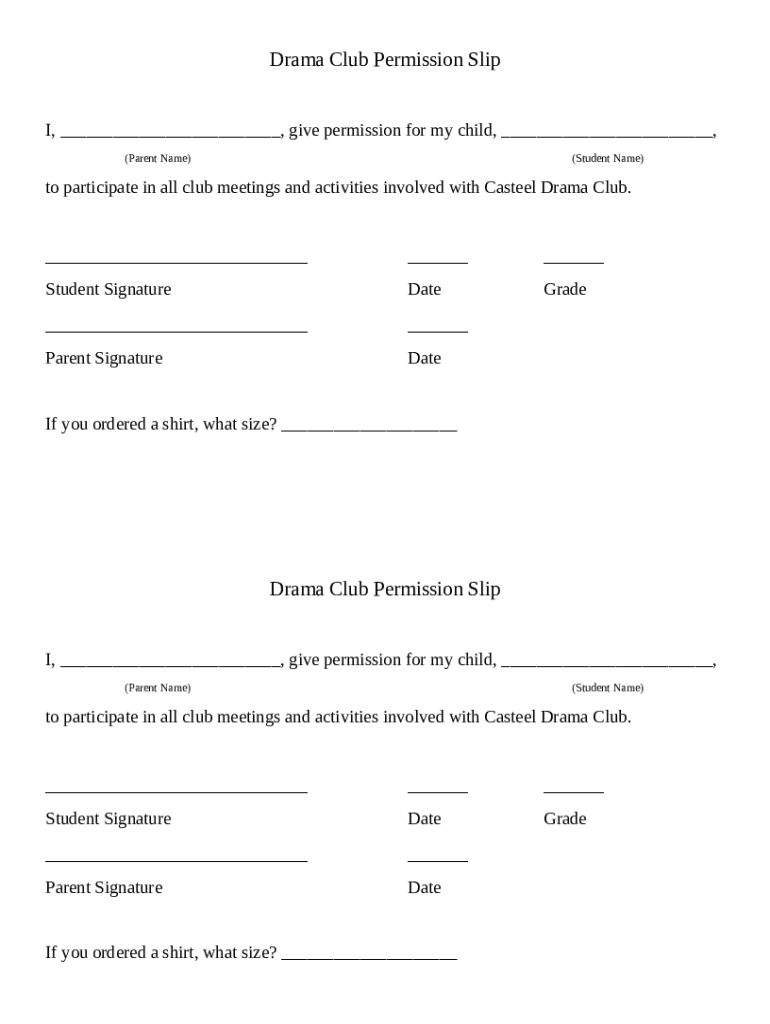 Drama Club Permission Form Preview on Page 1