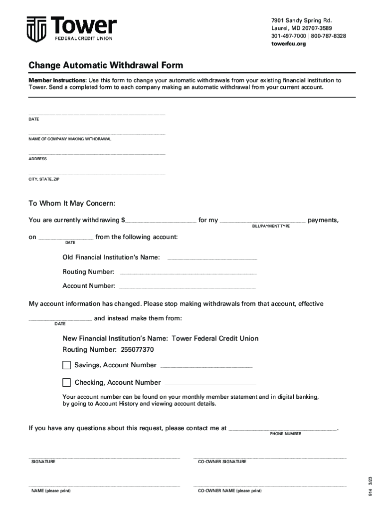 Fillable Online Member Instructions Use this form to change your automatic withdrawals from