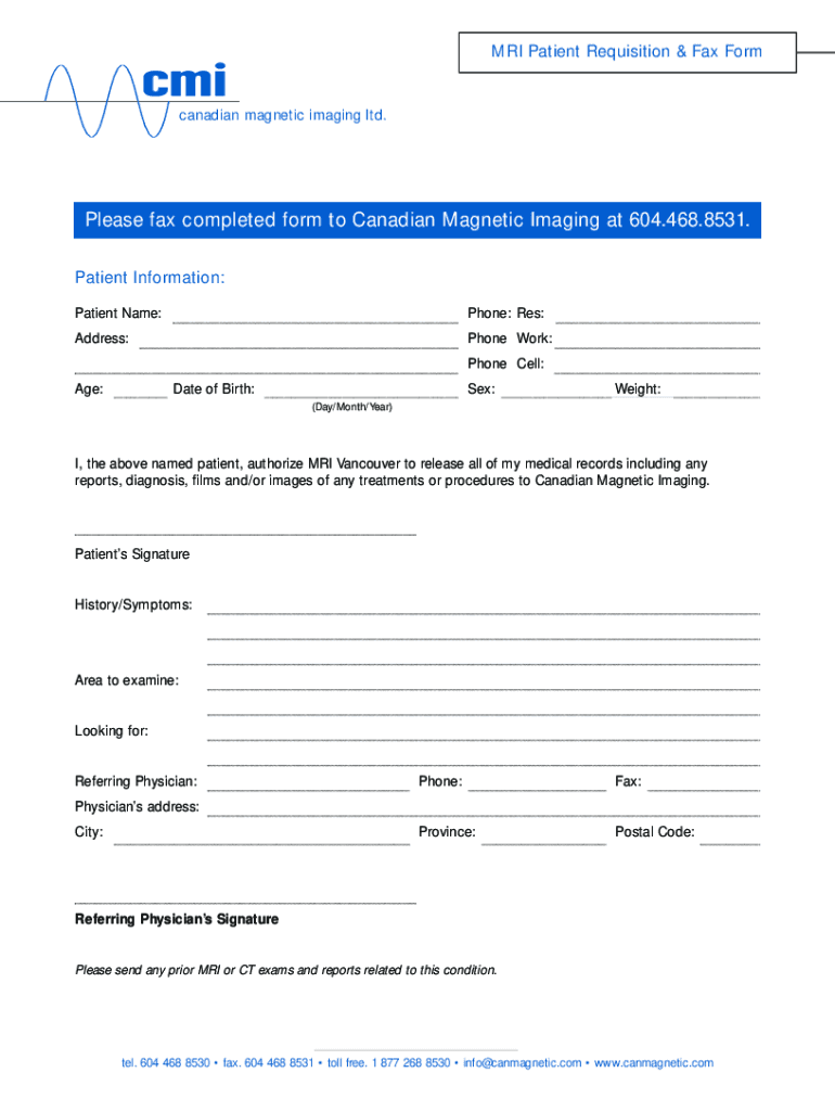 Fillable Online Please fax completed form to Canadian Magnetic Imaging ...