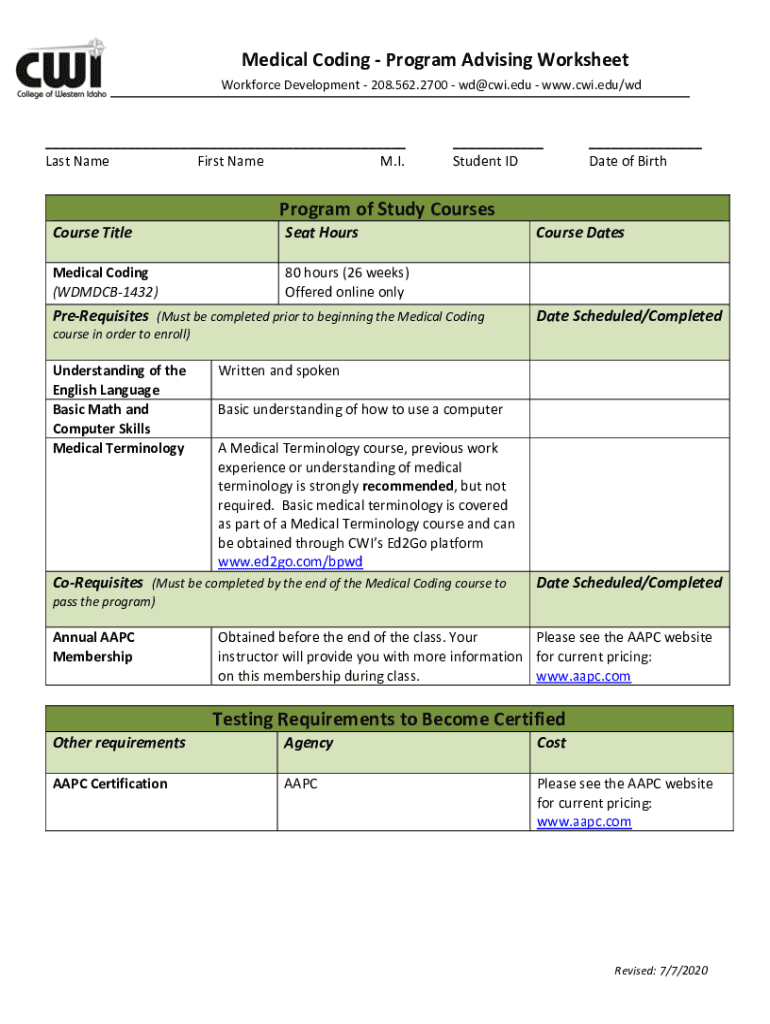 Fillable online medical coding program advising worksheet fax email