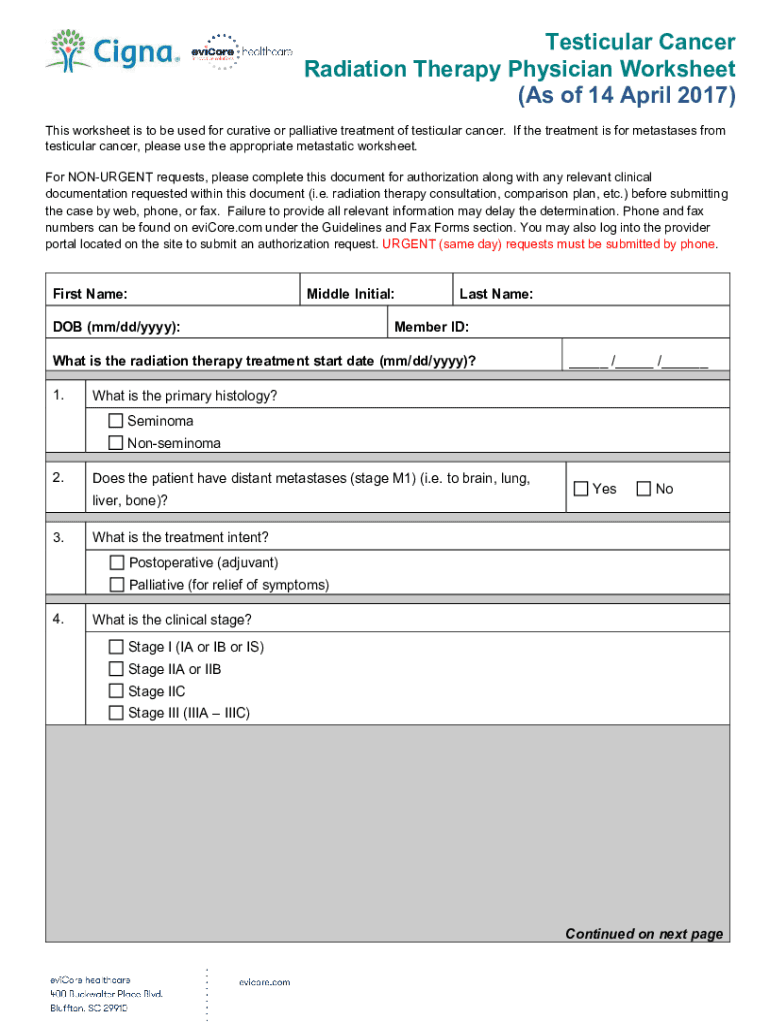 Fillable Online Testicular Cancer Radiation Therapy Physician Worksheet