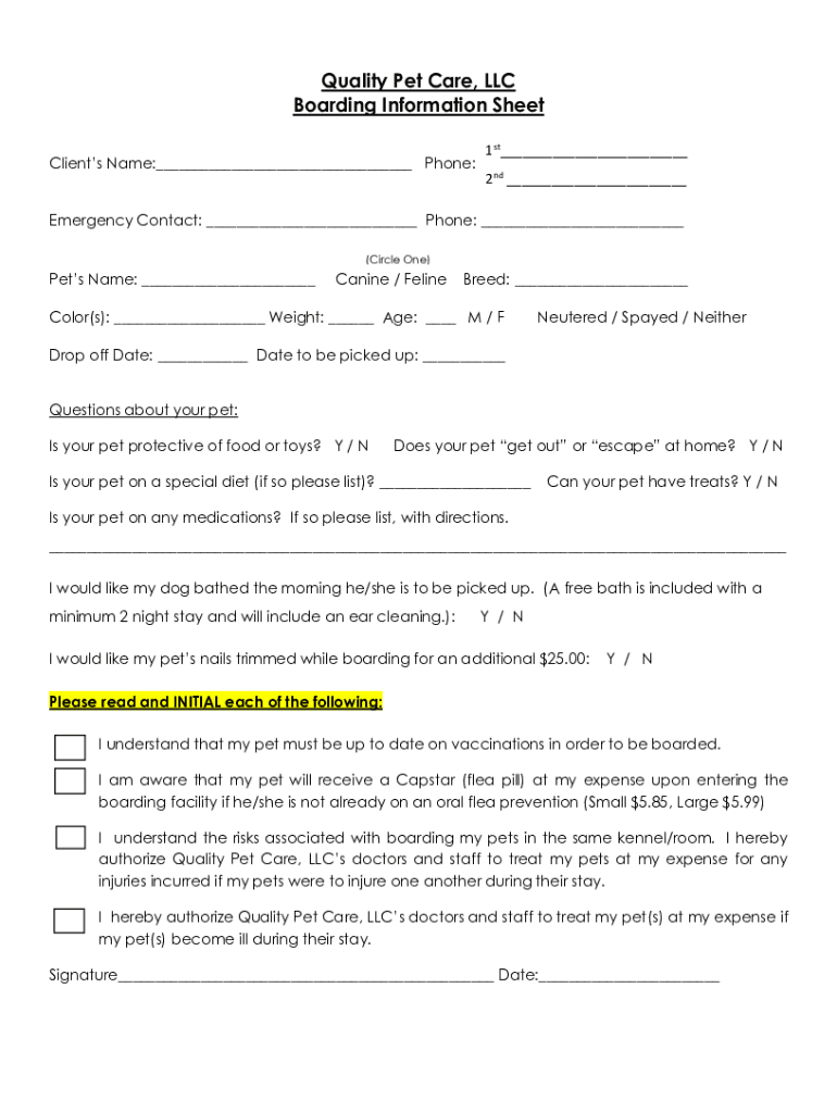 Fillable Online Quality Pet Care, LLC Boarding Information Sheet Fax