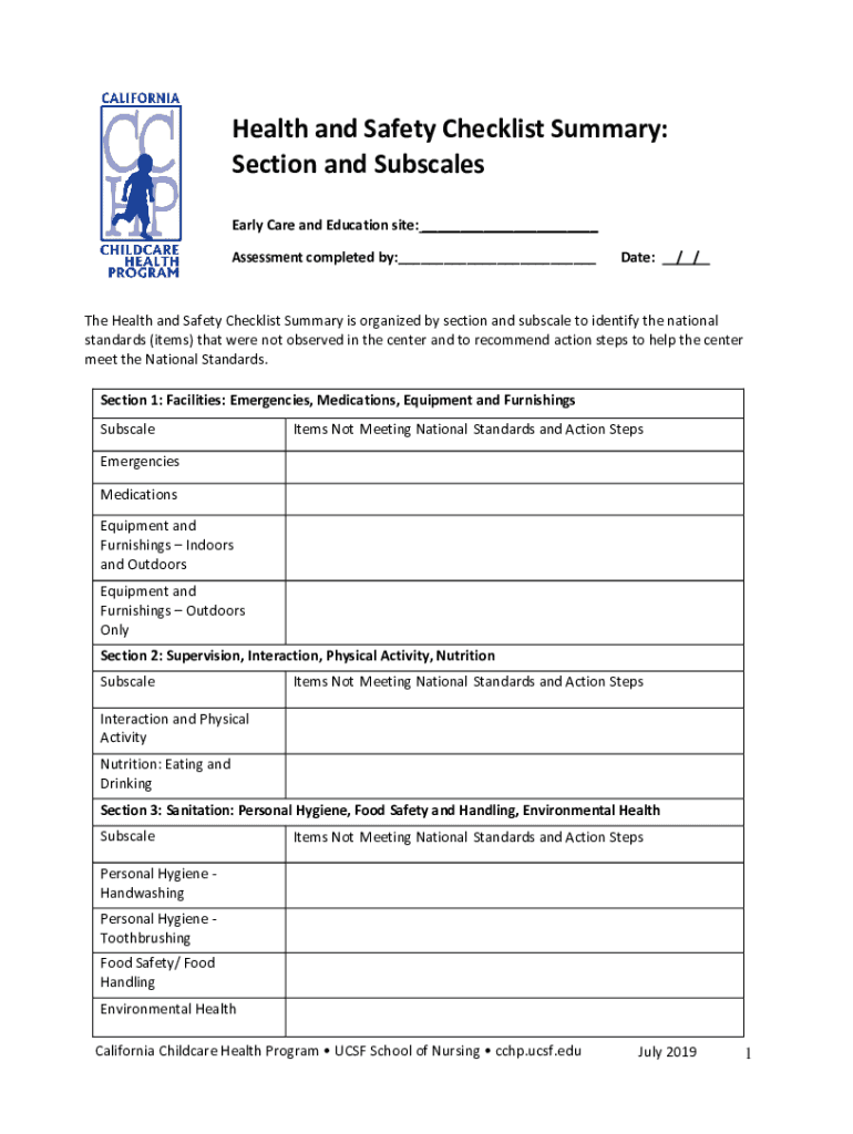 Fillable Online 1 Health and Safety Checklist Action Steps Sections