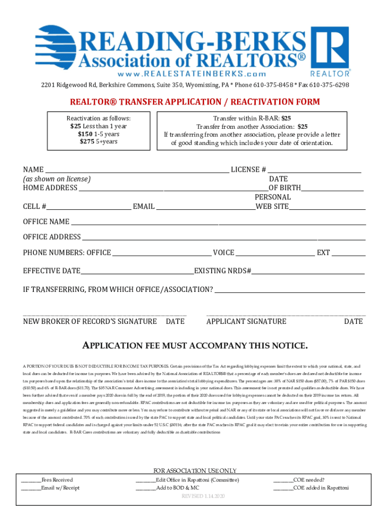 Fillable Online realtor transfer application / reactivation form Fax Email Print pdfFiller