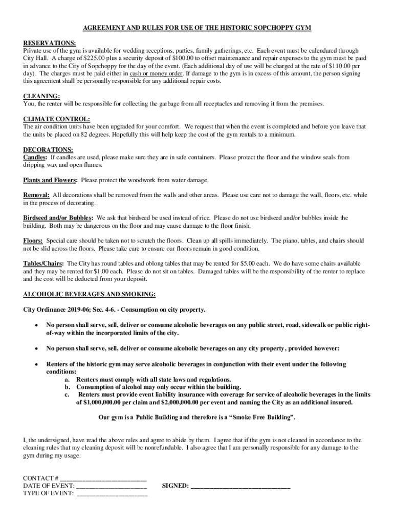 Fillable Online agreement and rules for use of the historic sopchoppy