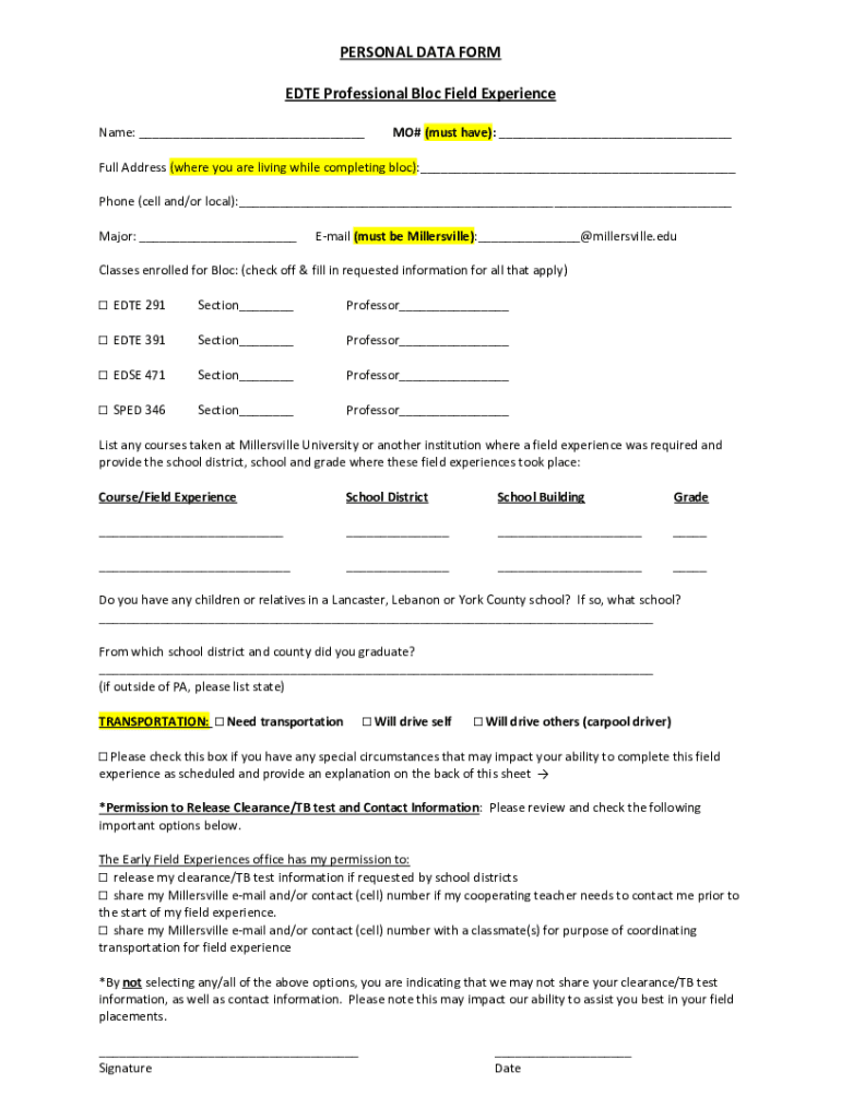 Fillable Online Personal Data form Student Teaching Placement Fax Email ...