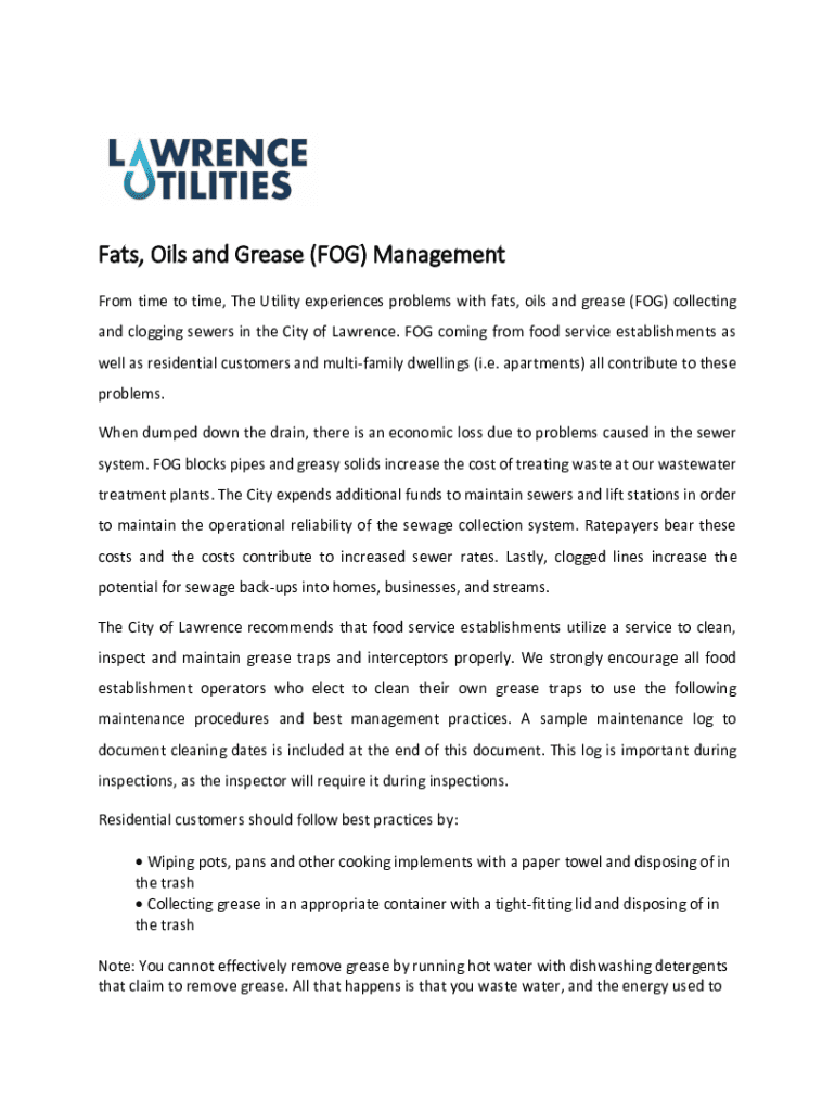 Fillable Online Fats, Oils and Grease (FOG) Management Fax Email Print